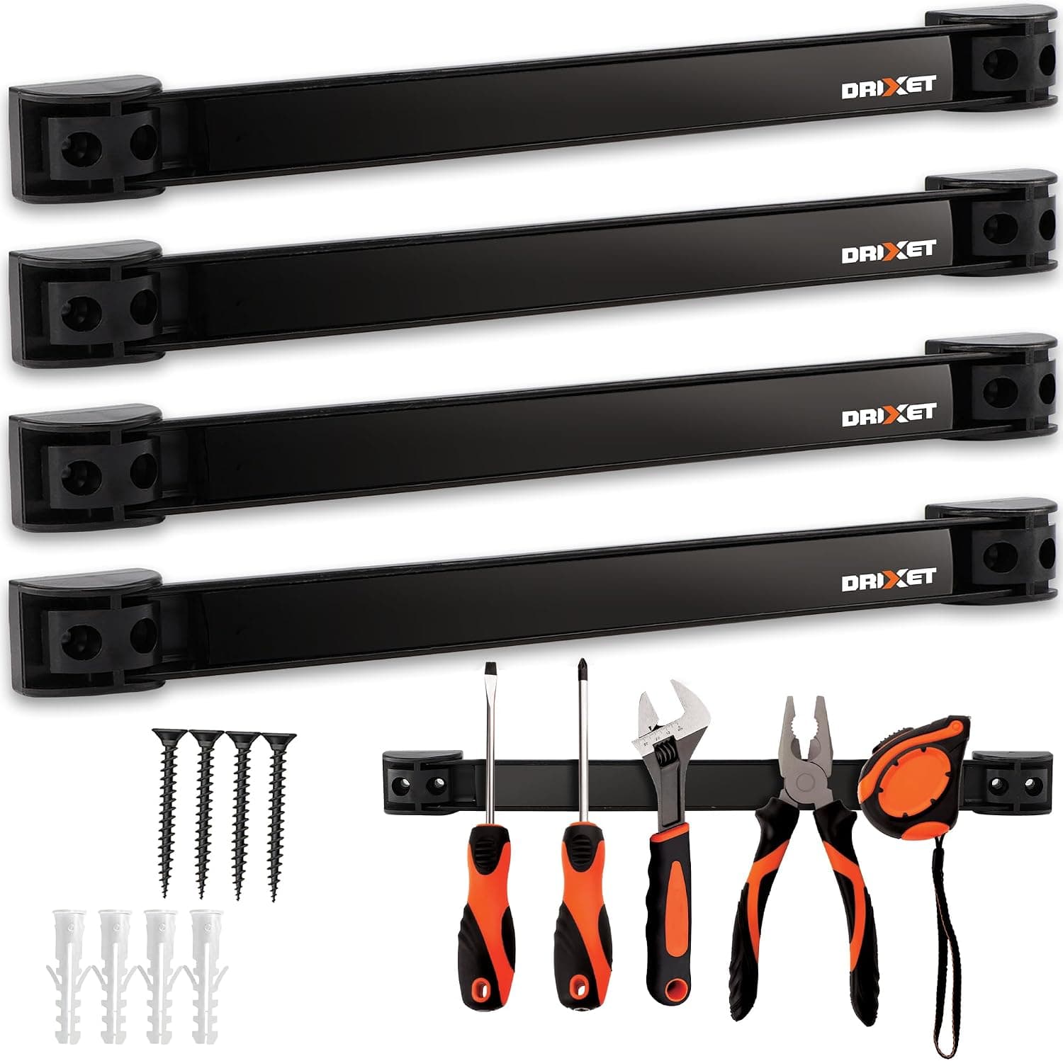 Drixet Magnetic Tool Holder Strip 16in, Heavy Duty Magnetic Tool Organizer with Mounting Brackets and Screws, Tool Magnet Bar Rack for Garage, Home, Workshop, 4 Pack