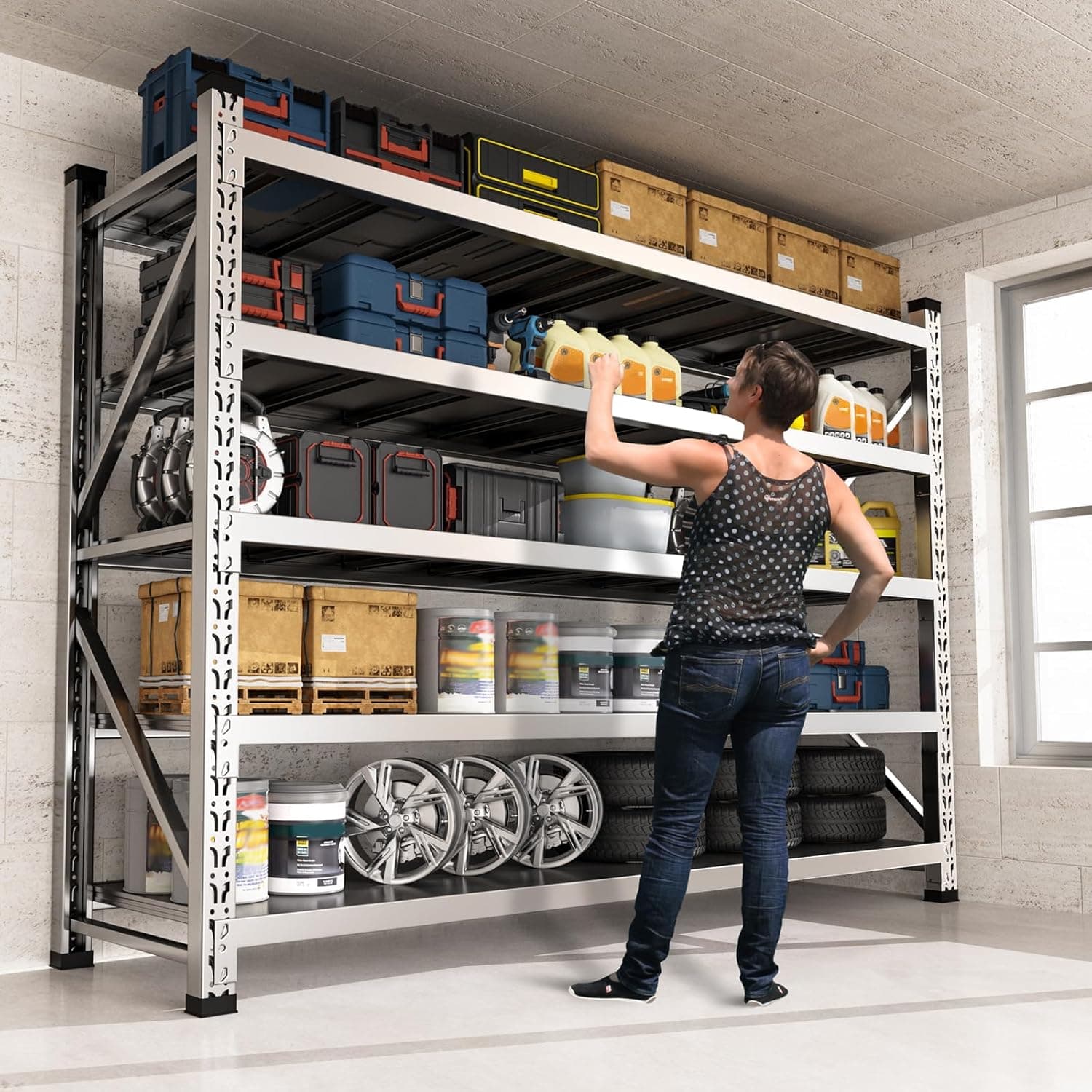 KINGBO 78"W Garage Shelving 4400LBS Heavy Duty 5 Tier Stainless Steel Industrial Shelves 78"W x 20"D x 78"H