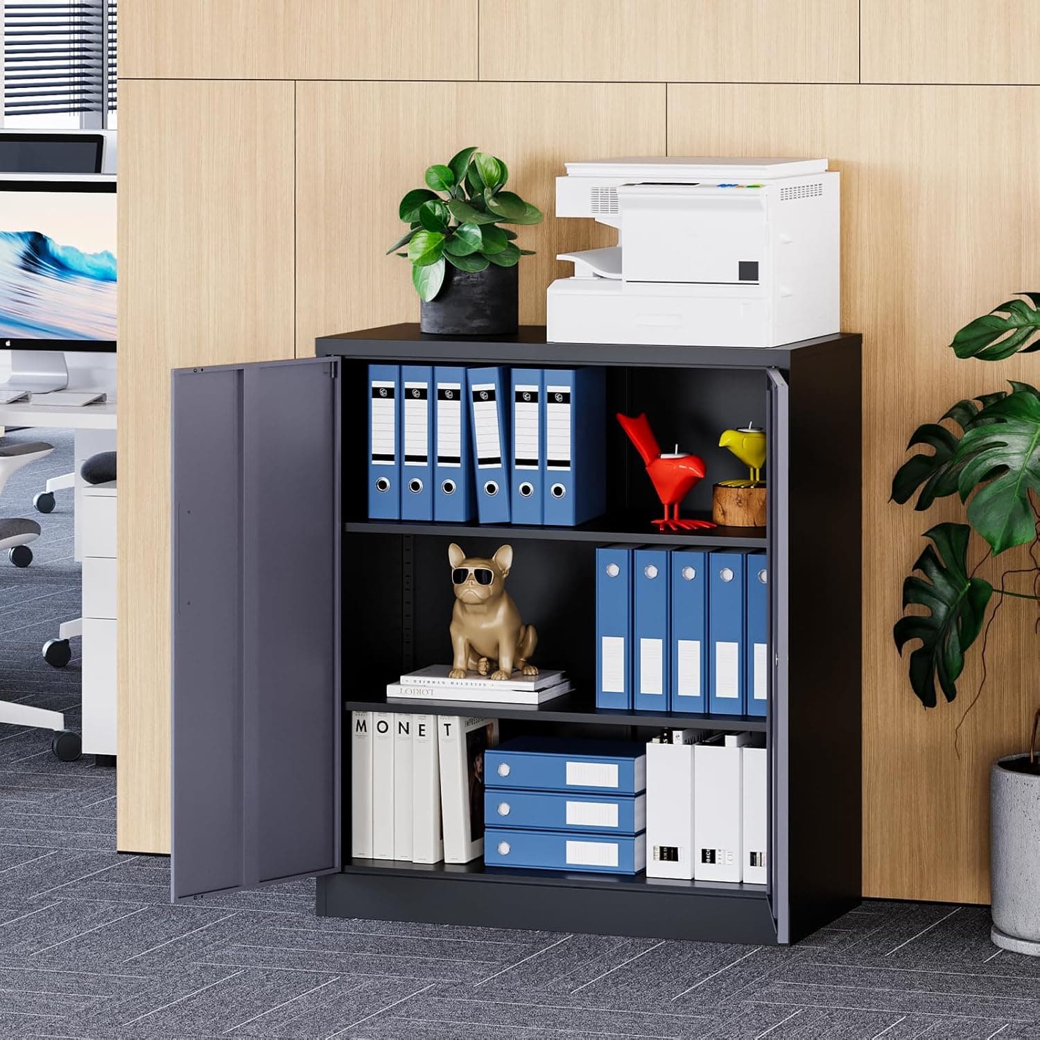 MIIIKO Lockable Storage Cabinet, Small Metal Garage Cabinet with Doors and Shelves, 35.4" Base Locker 2 Doors