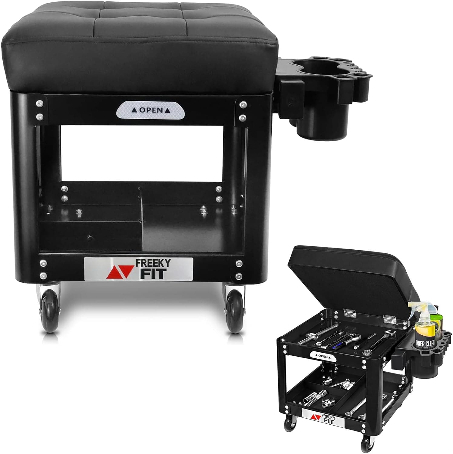 FreekyFit Rolling Creeper Garage Shop Seat, Padded Mechanics Stool with Tool Tray, 330 LBS (Black)