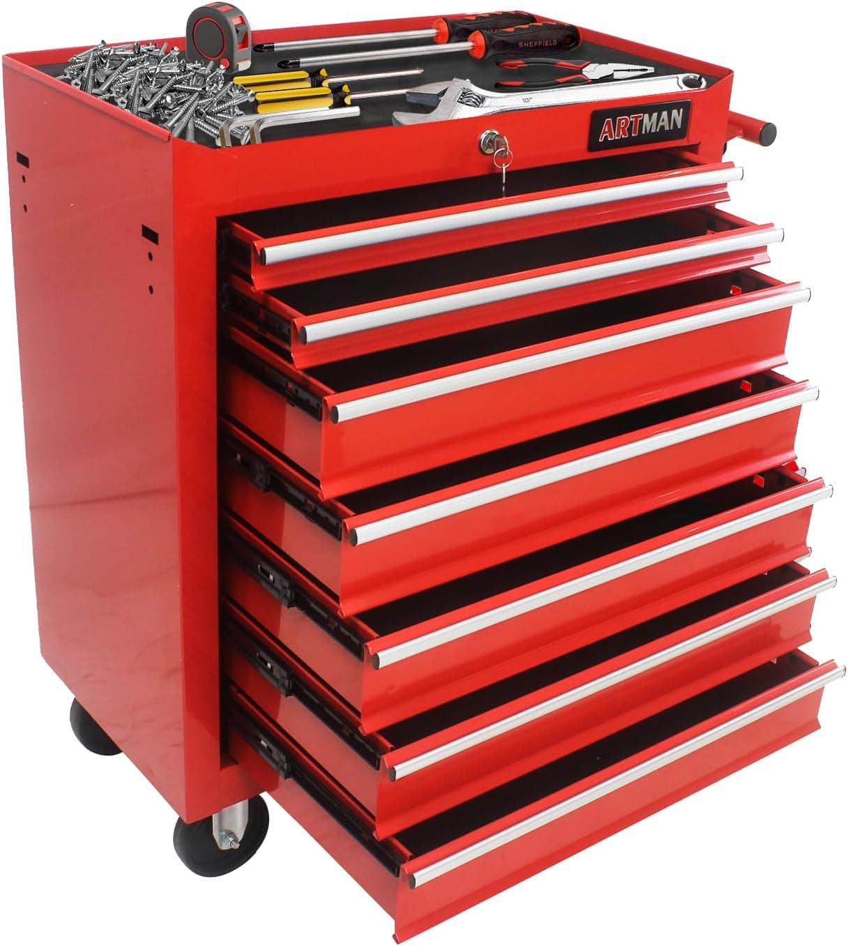 Rolling Tool Chest with 7 Drawers, Multifunctional Mechanic Tool Storage Cabinet with Lockable Wheels, Red