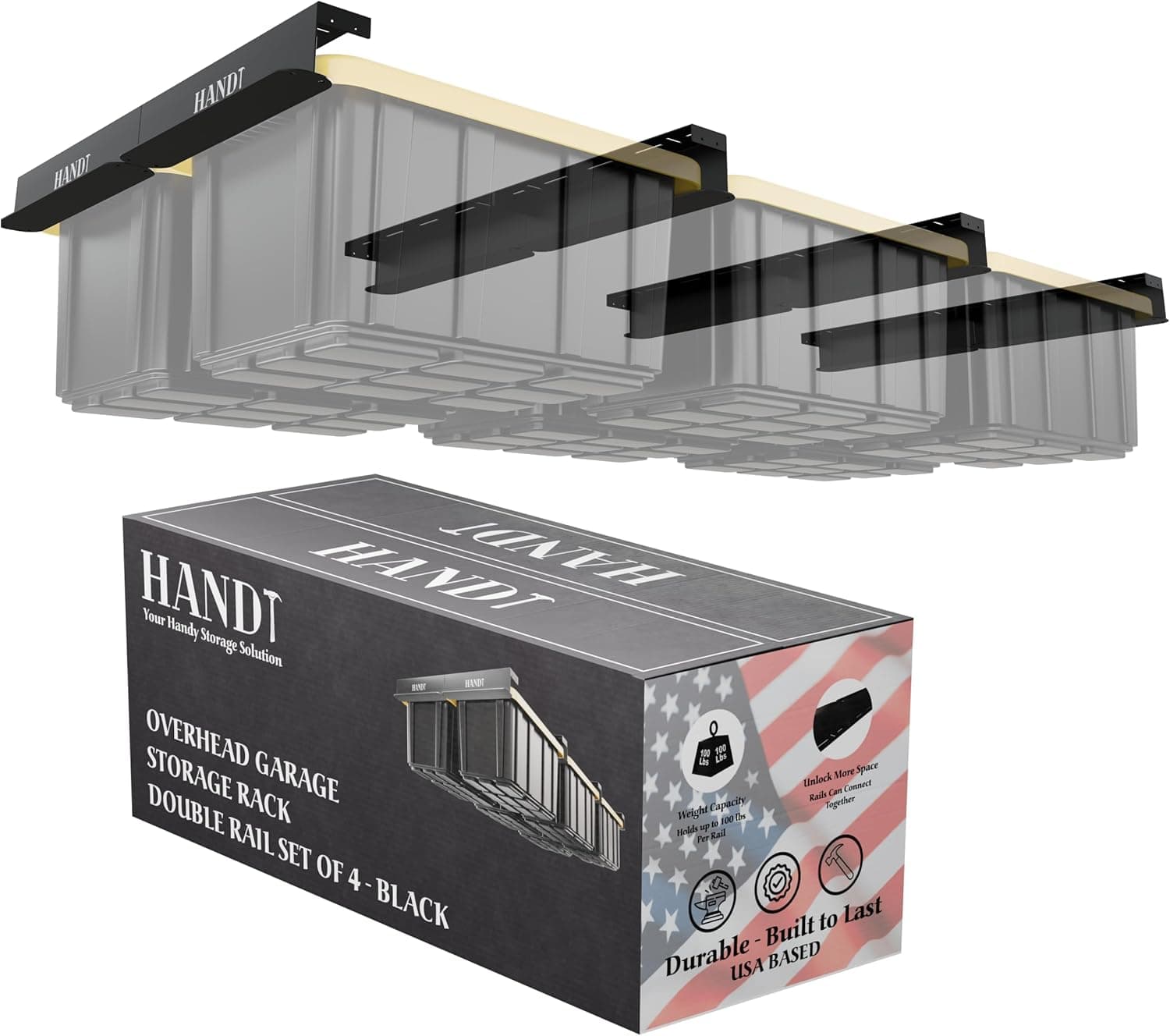 HANDT Overhead Garage Storage Rack, Connectable Heavy Duty Metal Ceiling Rails, Supports Up To 6 Bins, 4 Sets Black