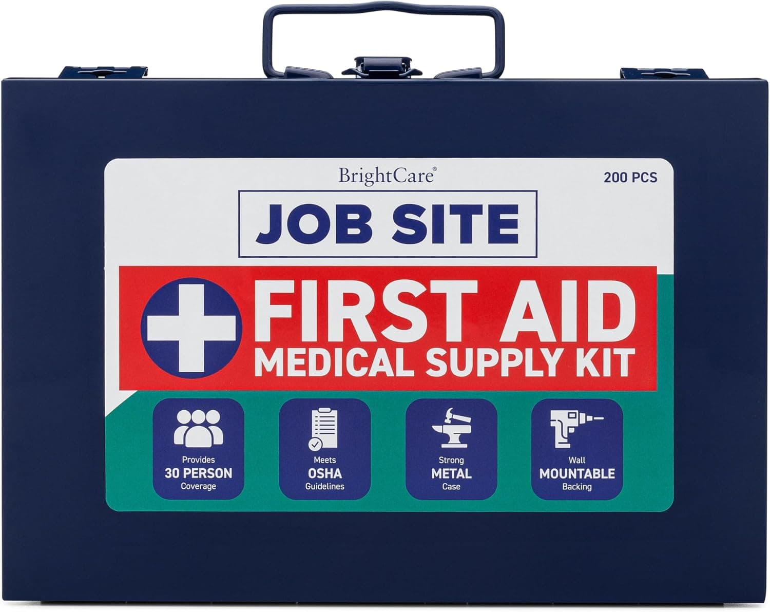 First Aid Kit for Job Site, Construction & Contractor, Metal Case, 200 Piece, OSHA Compliant