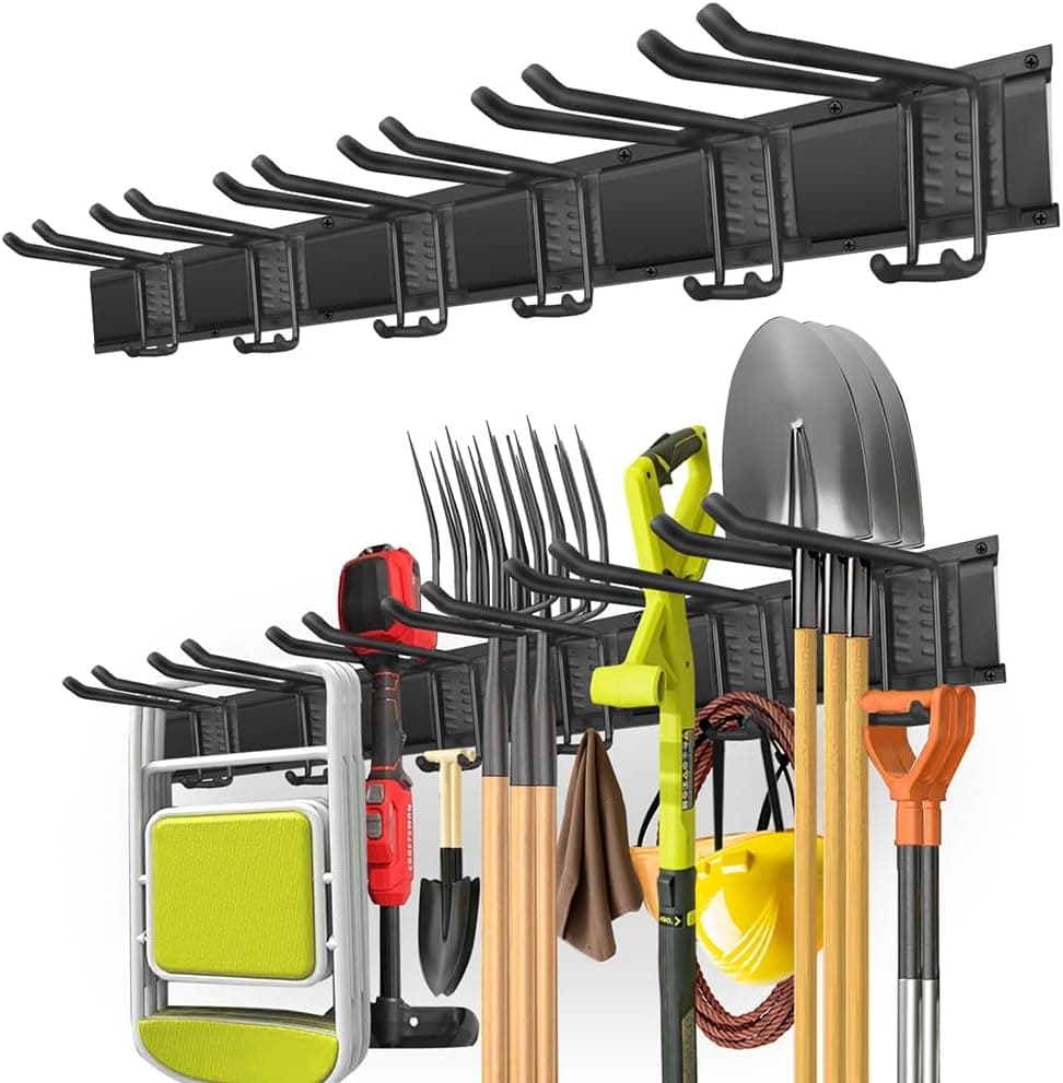 PIYILO Garage Tool Organizer Wall Mount with 48 inches Rails and 6 Double-layer Hooks, Garden Tool Rack Heavy Duty, Garage Hanging Storage Rack for Yard Tools