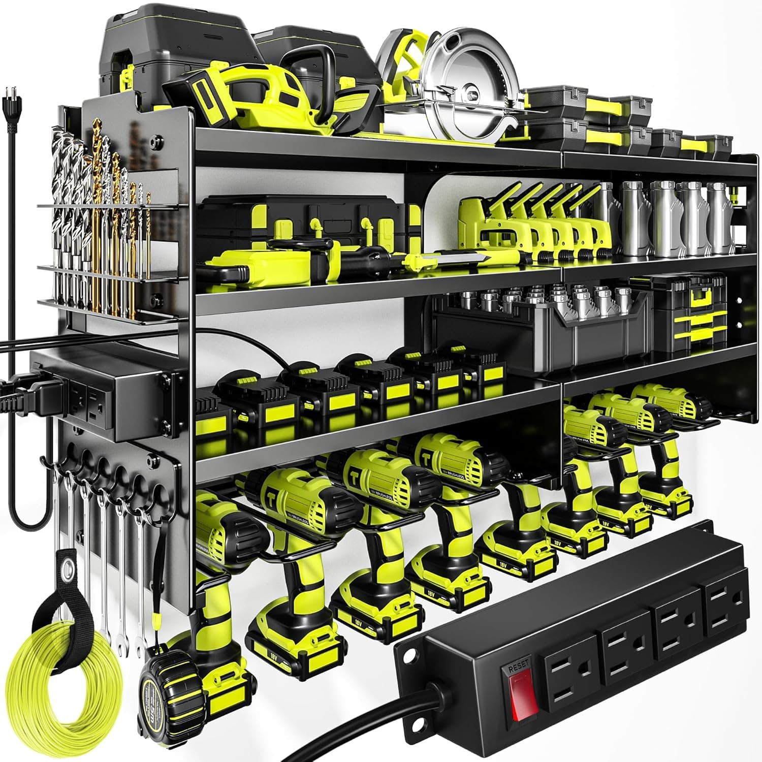 POKIPO Large Power Tool Organizer Wall Mount with Charging Station, 4 Layer, 8 Cordless Drill Holder