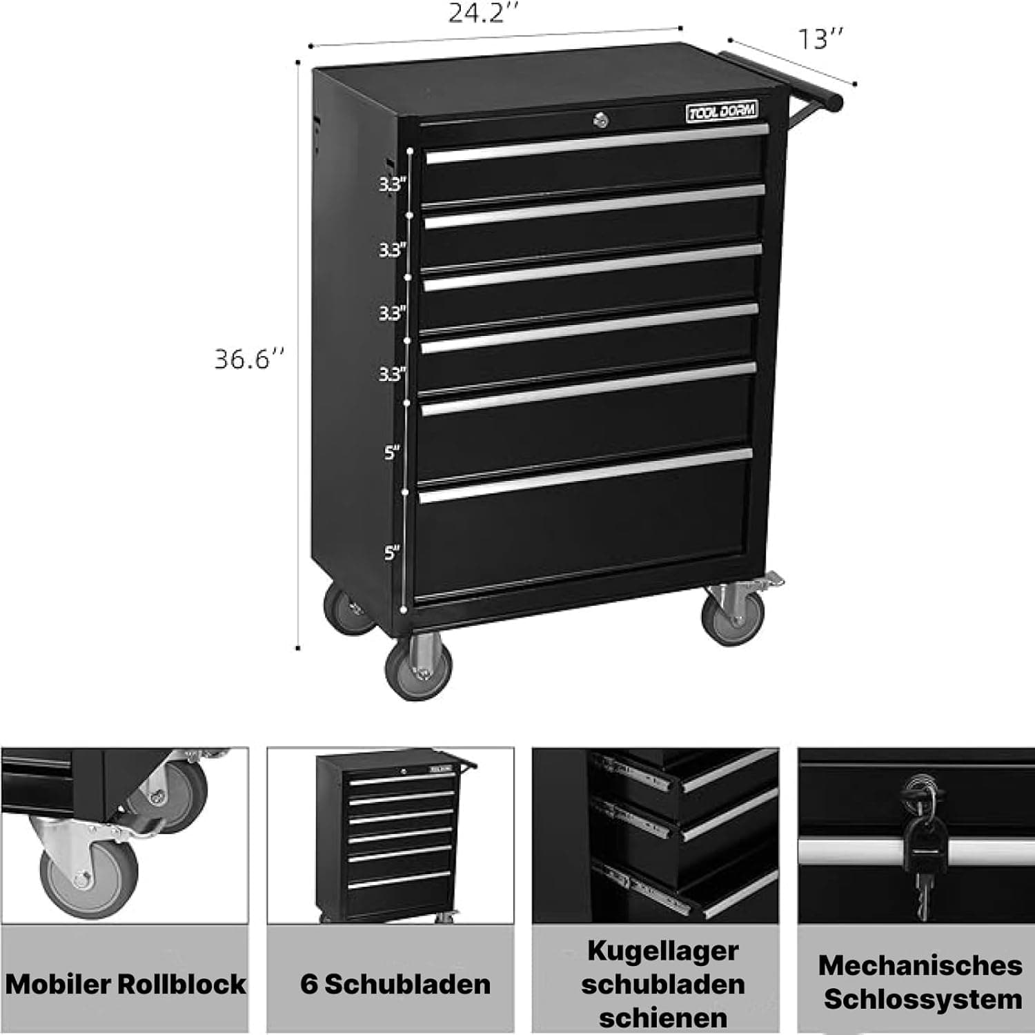 TOOL DORM Tool Cabinet Tool Cart 24.2inch with 6 Drawers and Wheels, Metal Rolling Tool Box, Locked Drawers