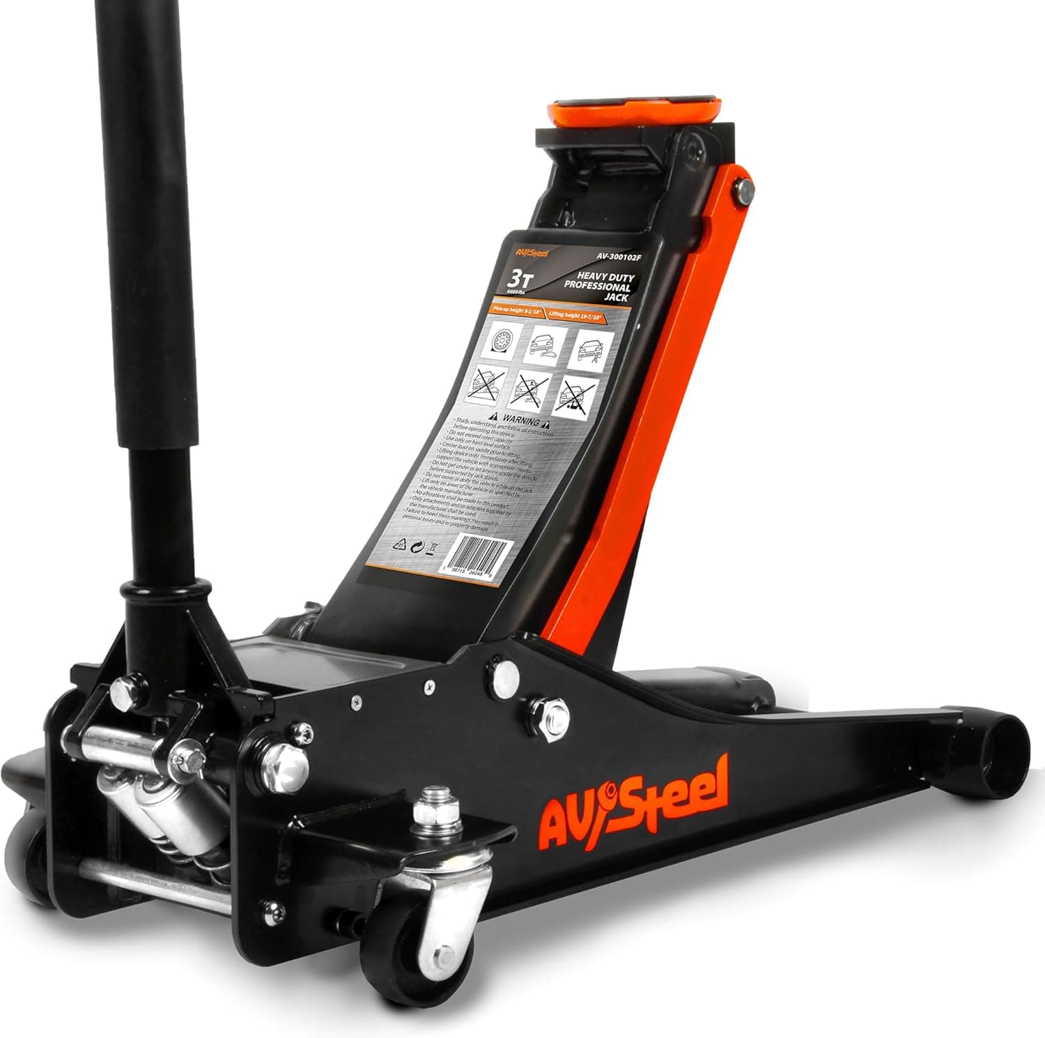 AV Steel Low Profile Floor Jack 3 Ton (6600 lbs), Dual Pistons, Lift Range 3-1/8'' to 19-7/8''