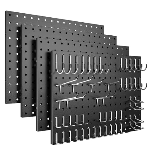 Spampur Peg Board, 4 Pack Metal Black Pegboard Panels with 50 Hooks