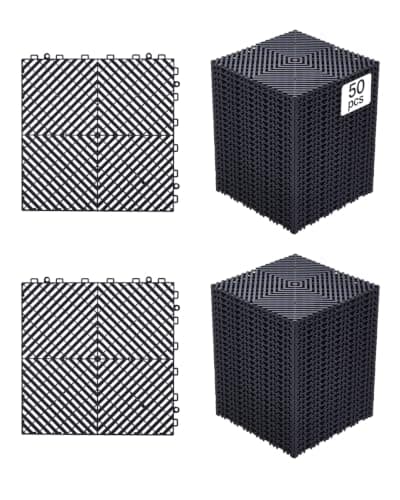 VEVOR Interlocking Drainage Mat, 12” x 12” Modular Interlocking Cushion, 50 Pcs Splicing Drainage Mats, Non-Slip Black PP Drainage Floor Tile and Shower Mat, for Garage, Garden, Kitchen & Outdoor