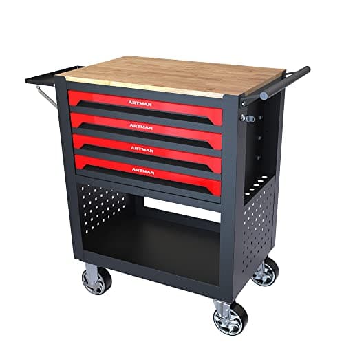 Arltamox Lockable 4-Drawer Rolling Tool Chest with Wooden Top Workbench