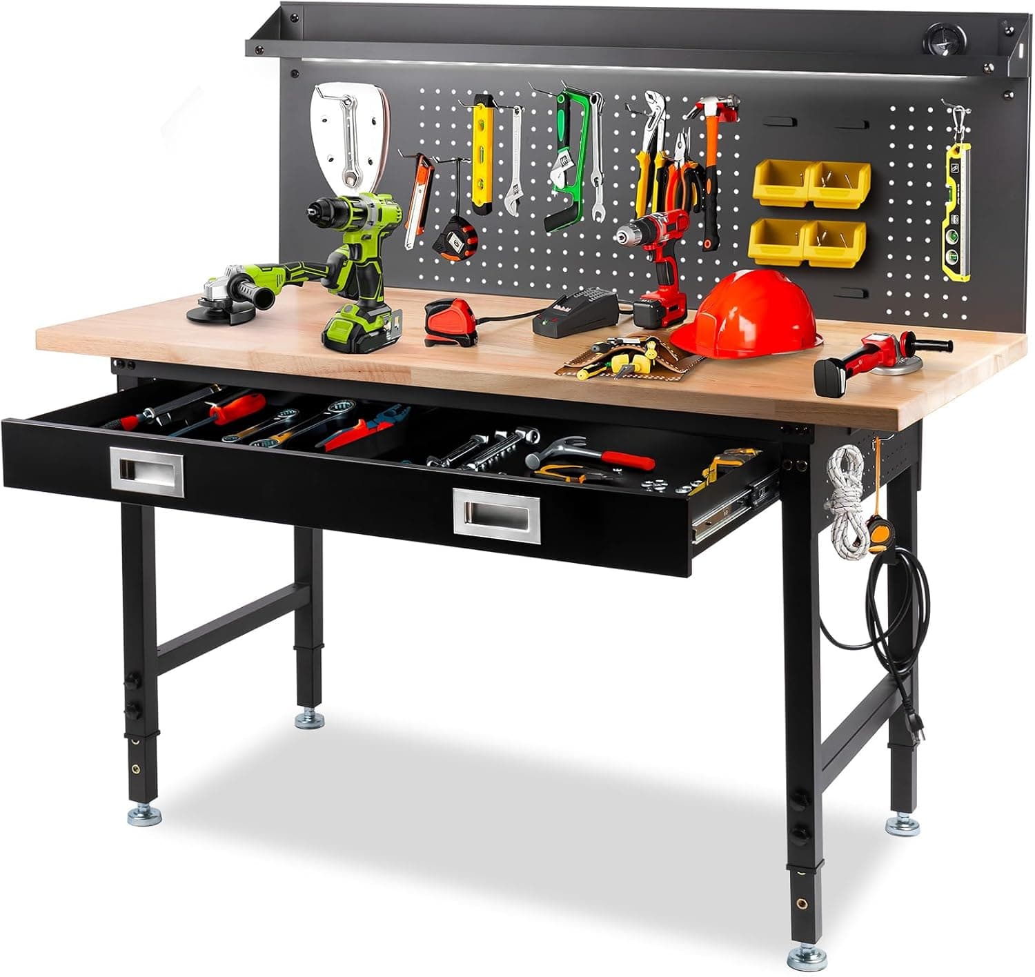 MUWOOD 60" Workbench with Drawers, Work Benches for Garage with Strip Light, Adjustable Work Table with Large Pegboard, 2000 LBS Heavy Duty, Power Outlet, Rubber Wood