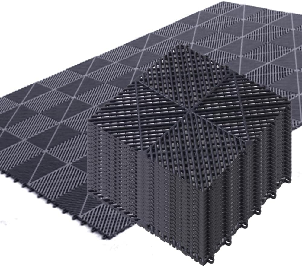 Japard Garage Floor Tiles, 20 Pack Interlocking Flooring Drainage 15.7 x 15.7 inch, Hard Plastic Easy to Install (Black)