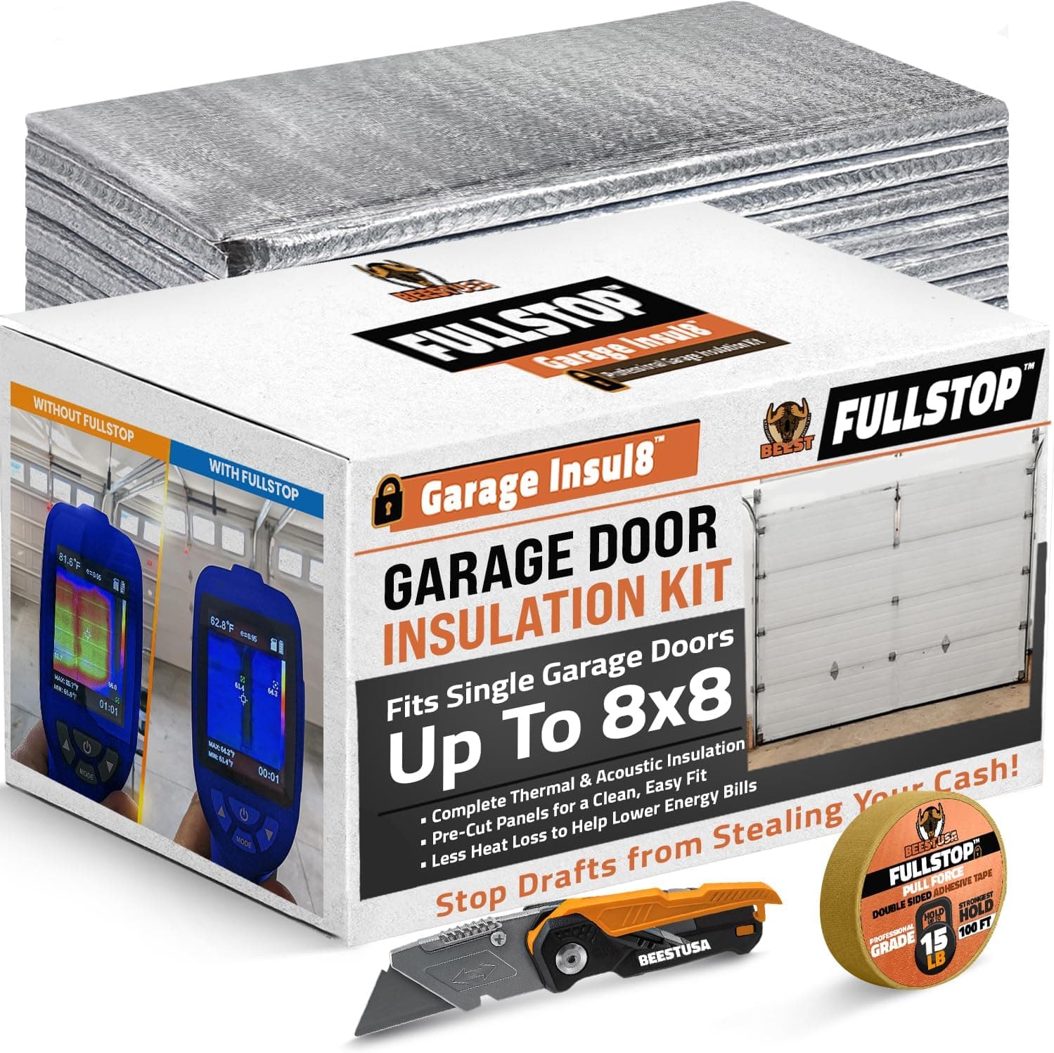 BEEST FULLSTOP Garage Door Insulation Kit - 8 Pre-Cut Foam-Core Panels with Tape, Cutter & Squeegee