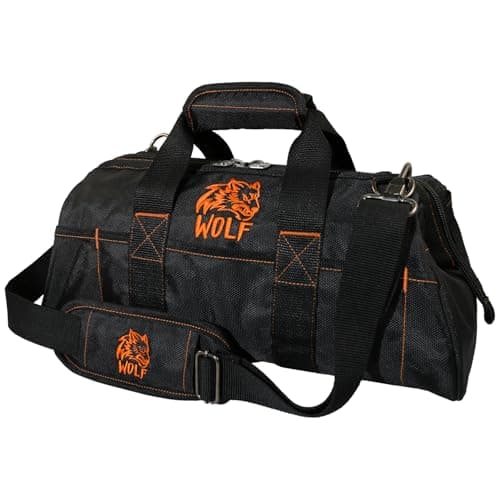 WOLF 16-Inch Wide Mouth Tool Bag with Molded Base | Heavy-duty 1680D nylon tool bag with a wide mouth and molded base for organizing electrician and contractor tools.