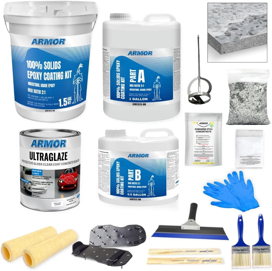 ArmorPoxy Garage Epoxy Floor Kit 100% Solids 2 Part Industrial-Grade Coating w/UltraGlaze Topcoat, 300 Sq Ft Designer Gray 17 pc kit