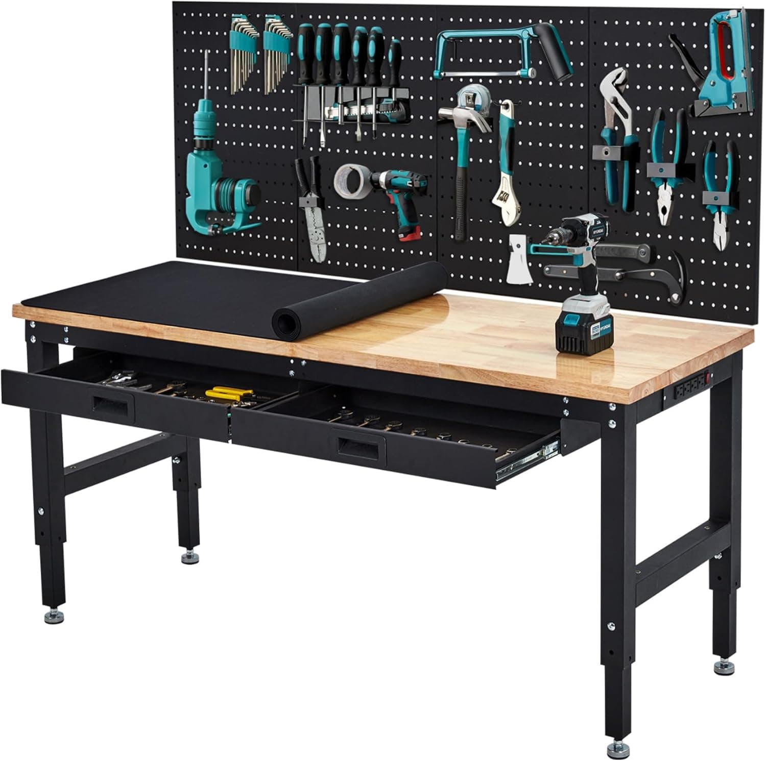 60" Work Bench with Drawers, Heavy Duty Workbench Garage Organization with Power Outlet, Load 2000 LBS Adjustable Height Rubber Wood Tabletop Work Table