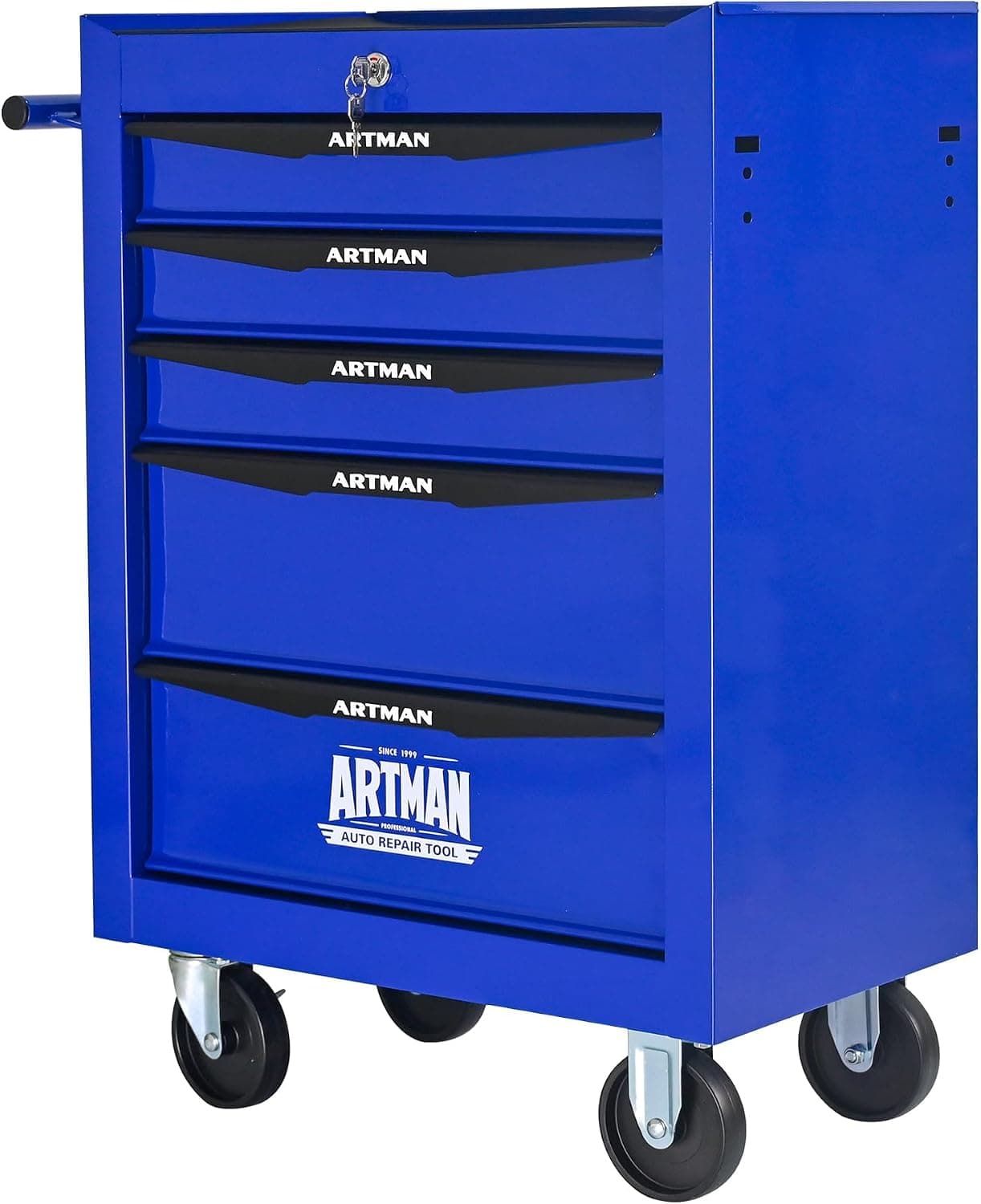 Aucttuo 5-Drawer Heavy Duty Rolling Tool Chest, Lockable Mobile Metal Cart, Ball Bearing Drawers, Blue, 30.5"H