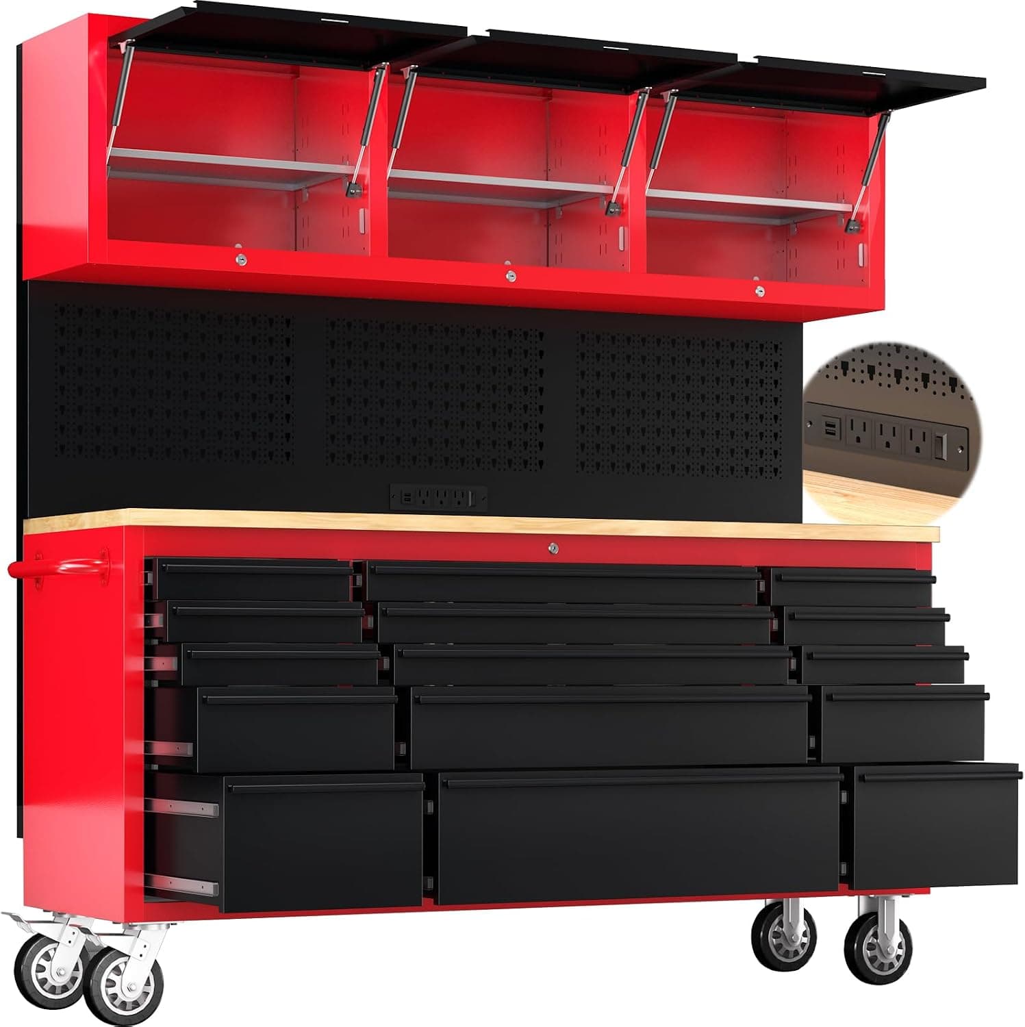 72 inch Heavy Duty Rolling Tool Chest with 15 Drawers and 3 Upper Cabinets, Lockable Tool Cabinet with Pegboard & Power Outlet, Steel Garage Storage Cabinet, Black & Red