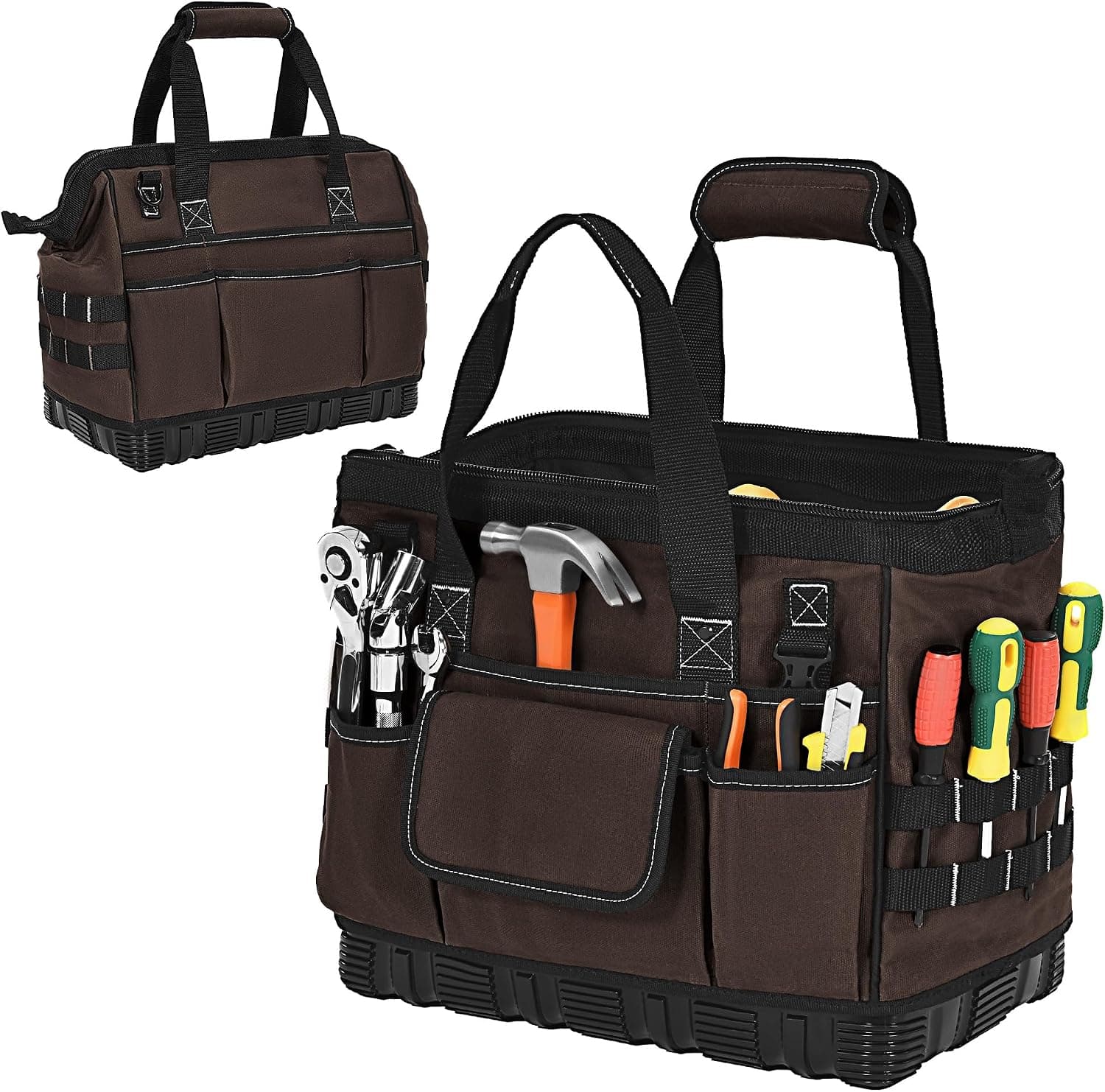 Heavy Duty Canvas Tool Bag, Wide Mouth Tote Organizer with Deep Pockets and Hard Molded Base