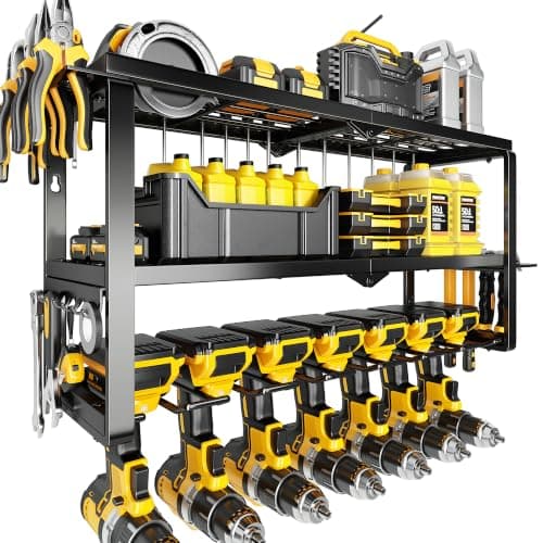 fanatato Power Tool Organizer Wall Mount Storage Rack with 7 Drill Holder | Heavy Duty Metal, Loads 300lbs, For Garage Workshop and Home Organization, Christmas Great Gifts for Men Dad Husband