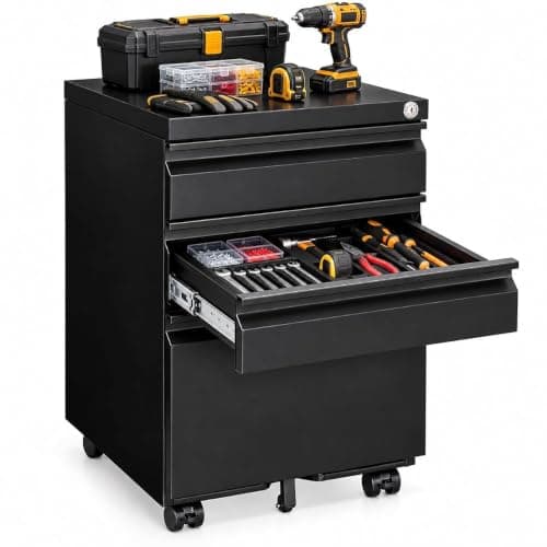 3 Drawer Rolling Tool Chest with Lock and Wheels, Metal Tool Cabinet | Compact tool storage with 3 spacious drawers, steel construction and rolling casters for garages, workshops and utility rooms