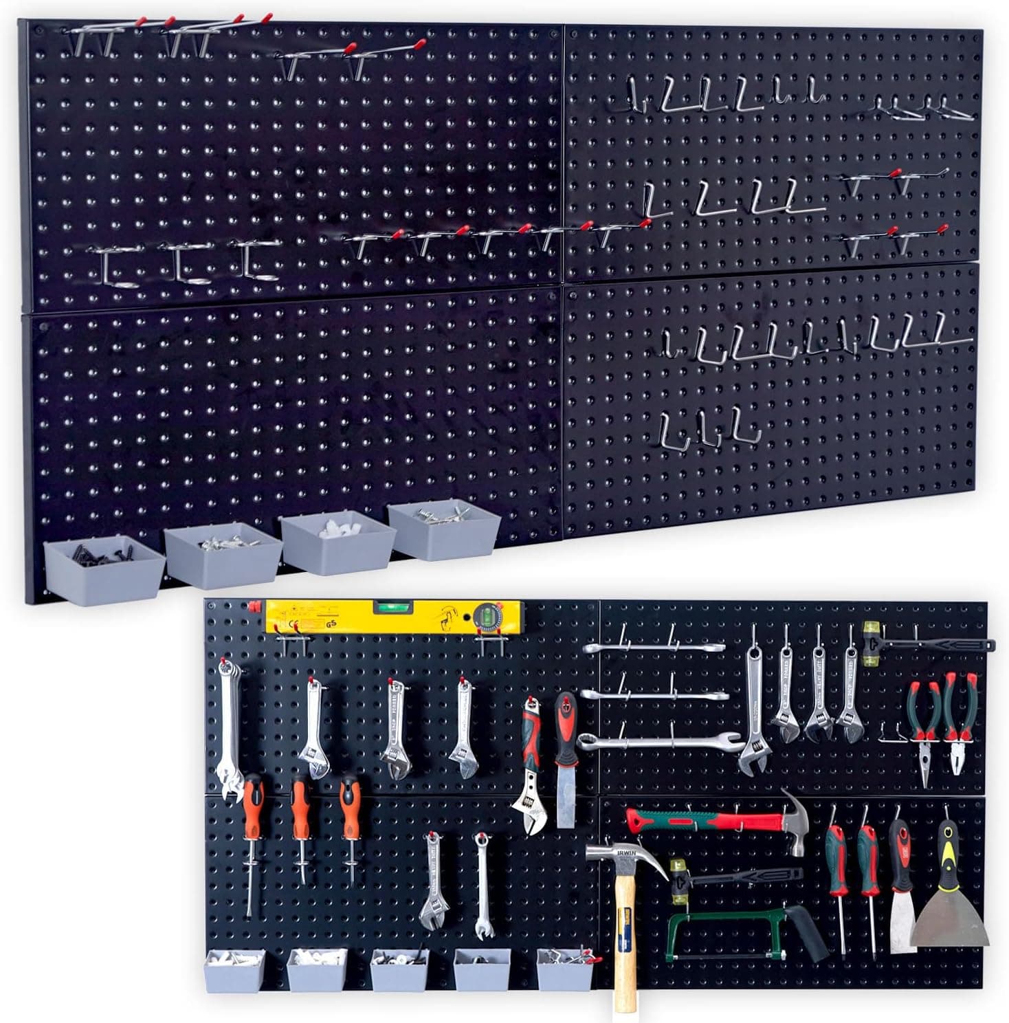 Wallmaster Pegboard Organizer Garage Storage, 48pcs Pegboard Hooks Set, Pegboard Tool Organizer with 48x24 Inch Steel Peg Board & 4 Storage Bins (Black)