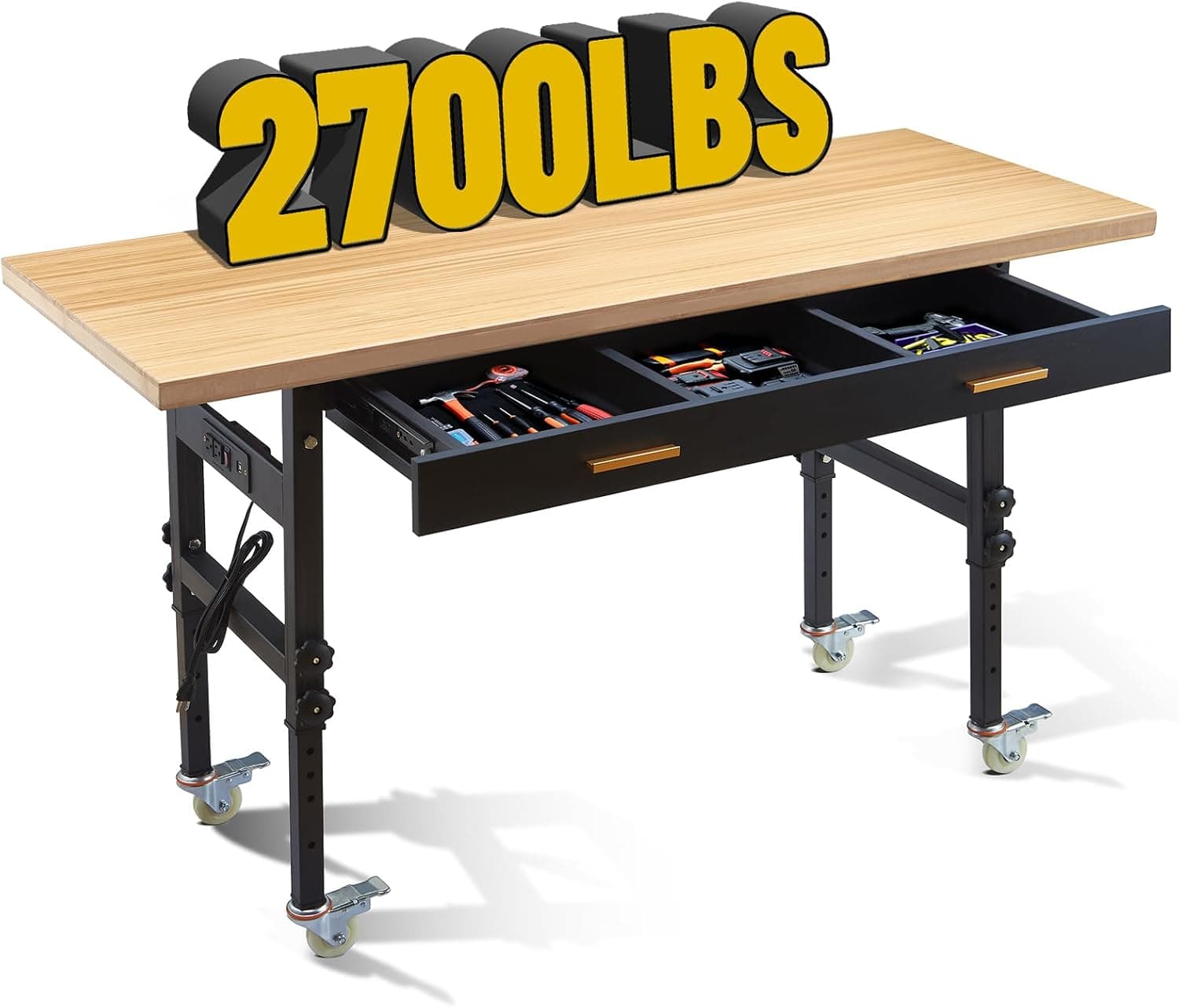 60" Height Adjustable Work Bench Table with Storage, Drawers, Wheels, Power Outlet, Heavy-Duty Garage Work Bench, 2700 LBS Load Capacity Wood Top Workbench