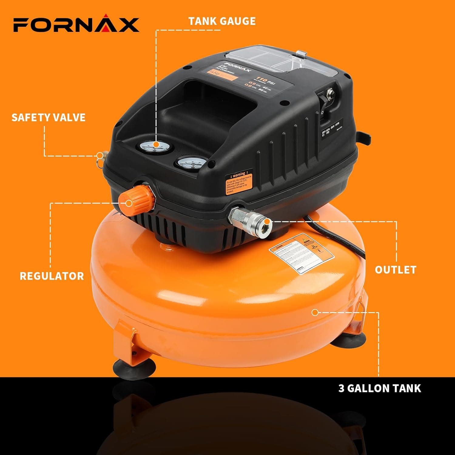 FORNAX Pancake Air Compressor, 3 Gallon, 110 PSI Portable, Oil Free Kits