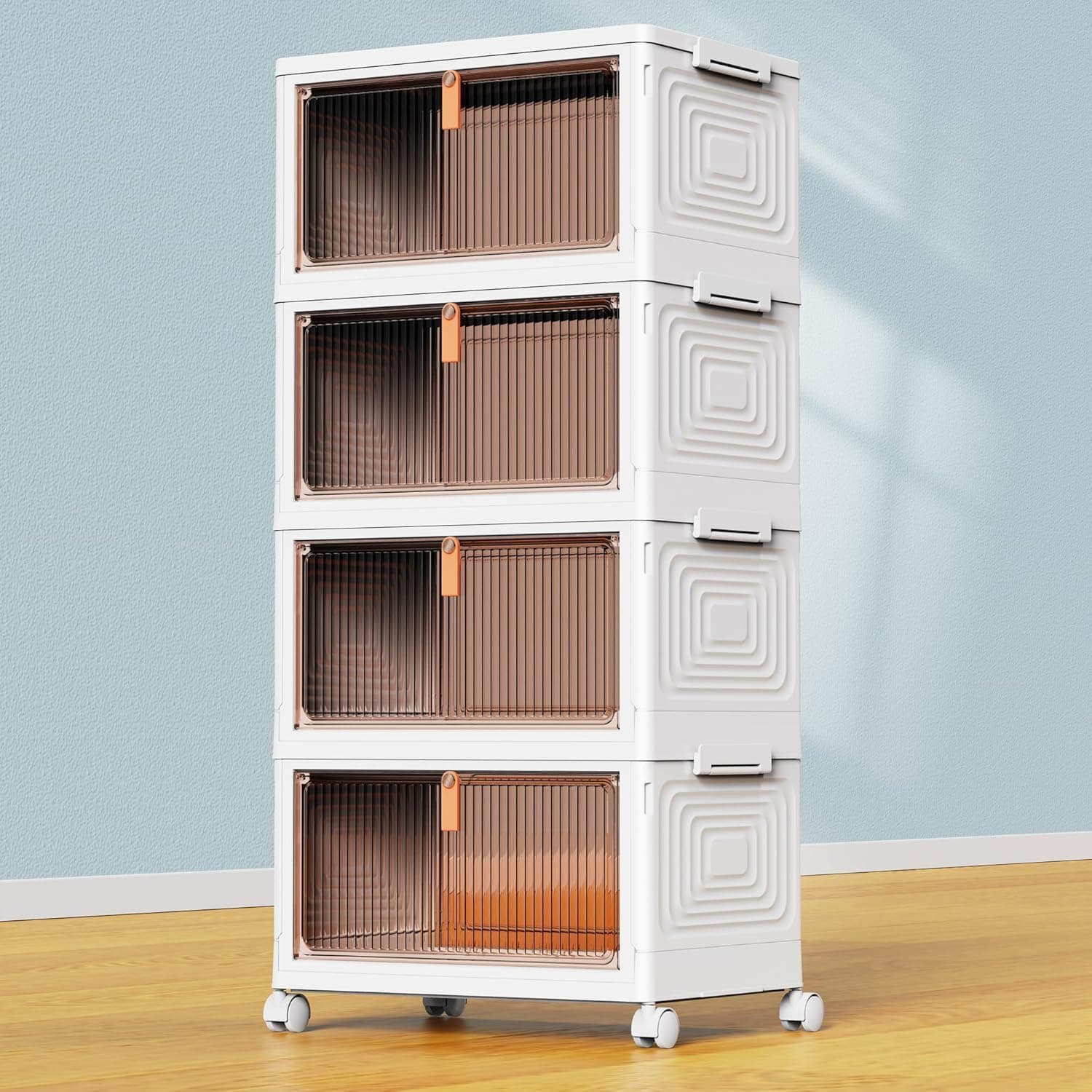 YFXCVSL 4 Tier Plastic Storage Bins with Lid 23QT, Stackable with Wheels, Folding Storage Boxes