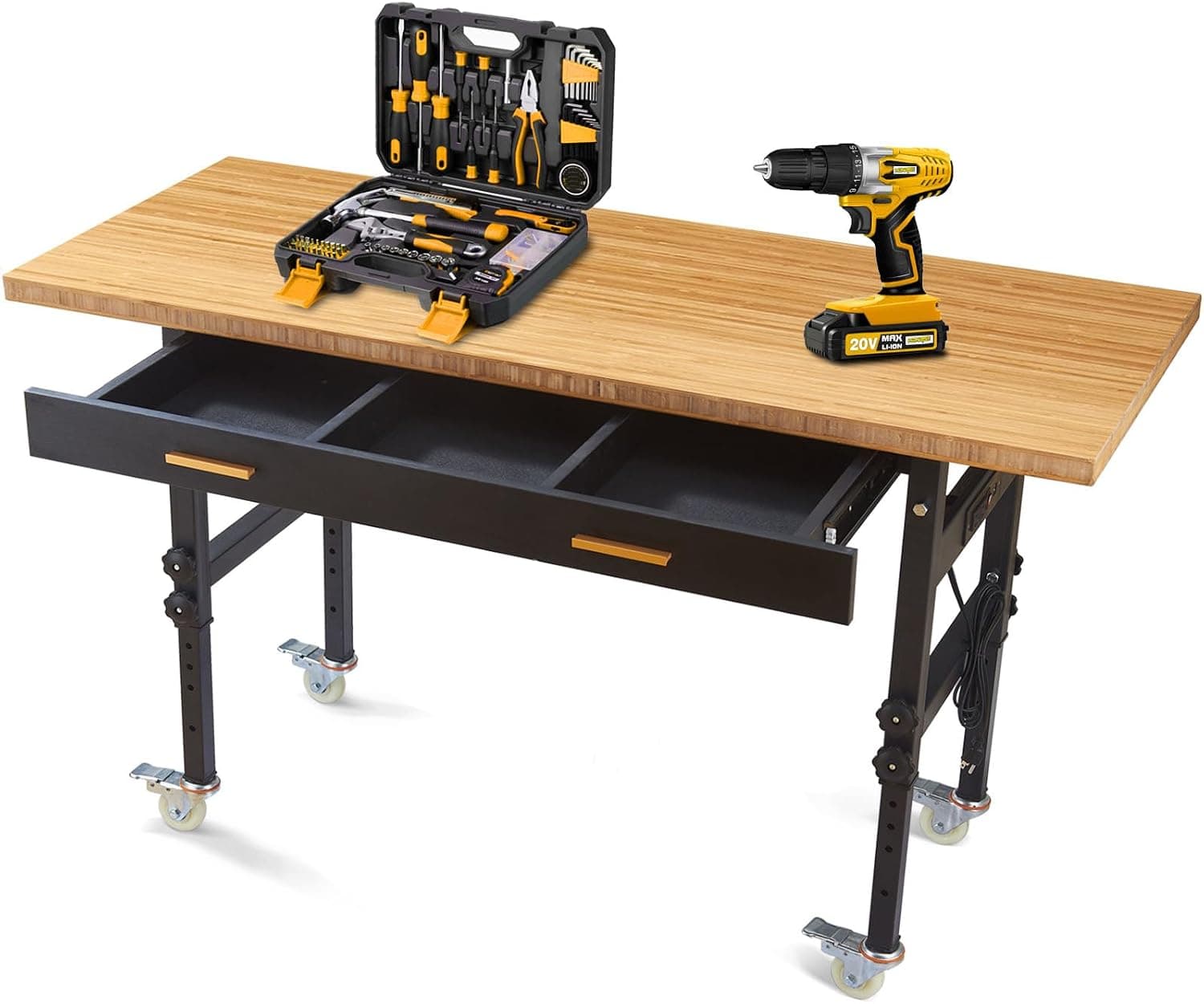HONRISE Work Bench, Adjustable Workbench with Drawer, Wheels, Power Outlet, 2700 LBS Load Capacity, 59" Heavy Duty, Bamboo Wood Desktop Work Table