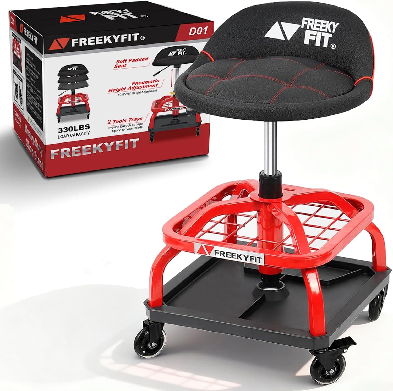 FreekyFit Rolling Shop Stool with Wheels and Backrest, Adjustable Height, 360 Swivel, Tool Tray, 330 LBS (Red)