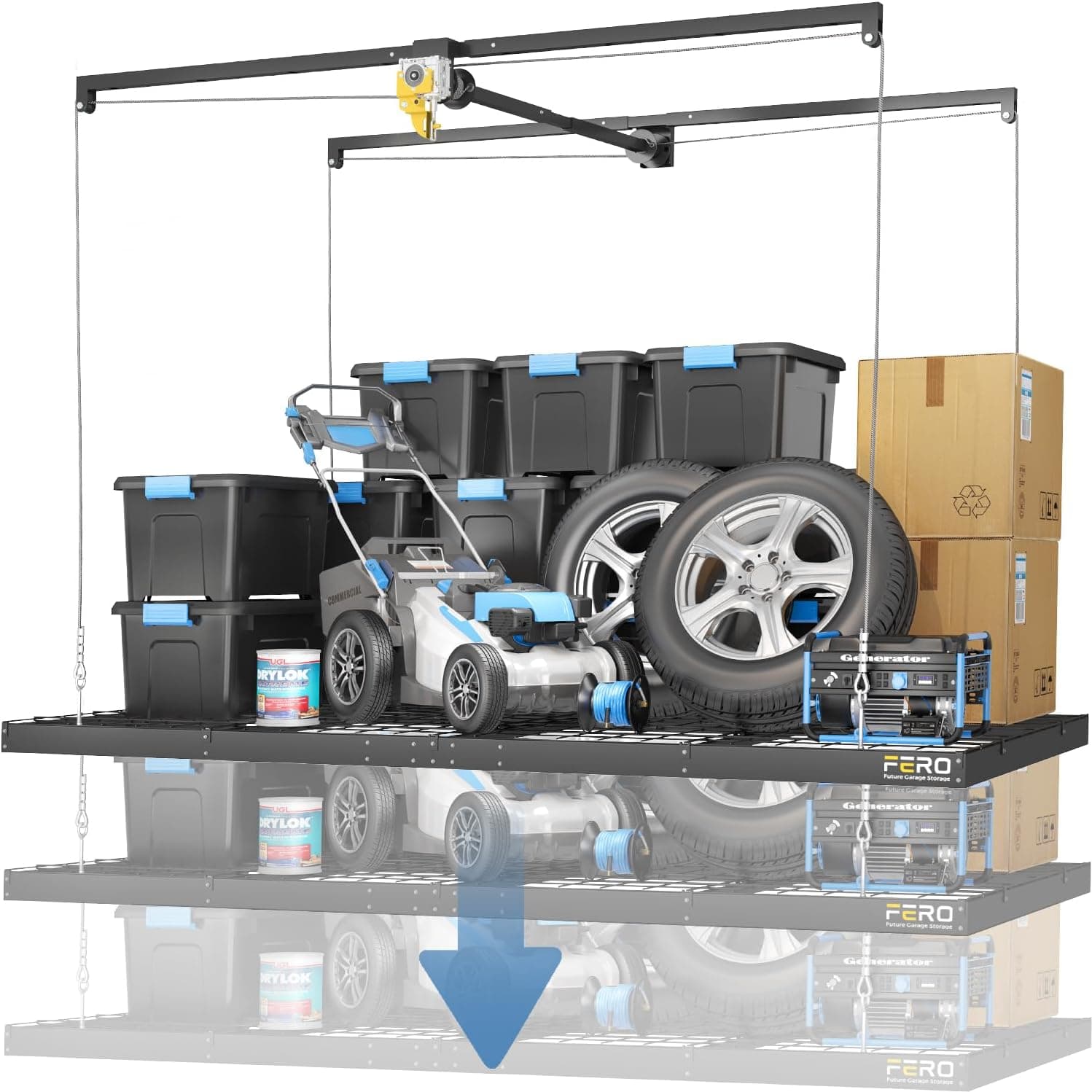 FERO Overhead Garage Storage Rack 4x8 FT Ceiling Storage with Safety Lock, Lift System, 325 lbs Capacity