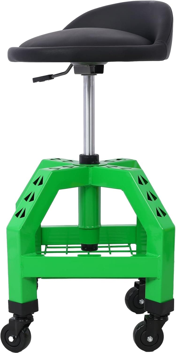 Rpuzonier Rolling Shop Stool with Wheels, Height Adjustable Pneumatic Mechanic Chair with Tool Tray, 300 Lbs (Green)