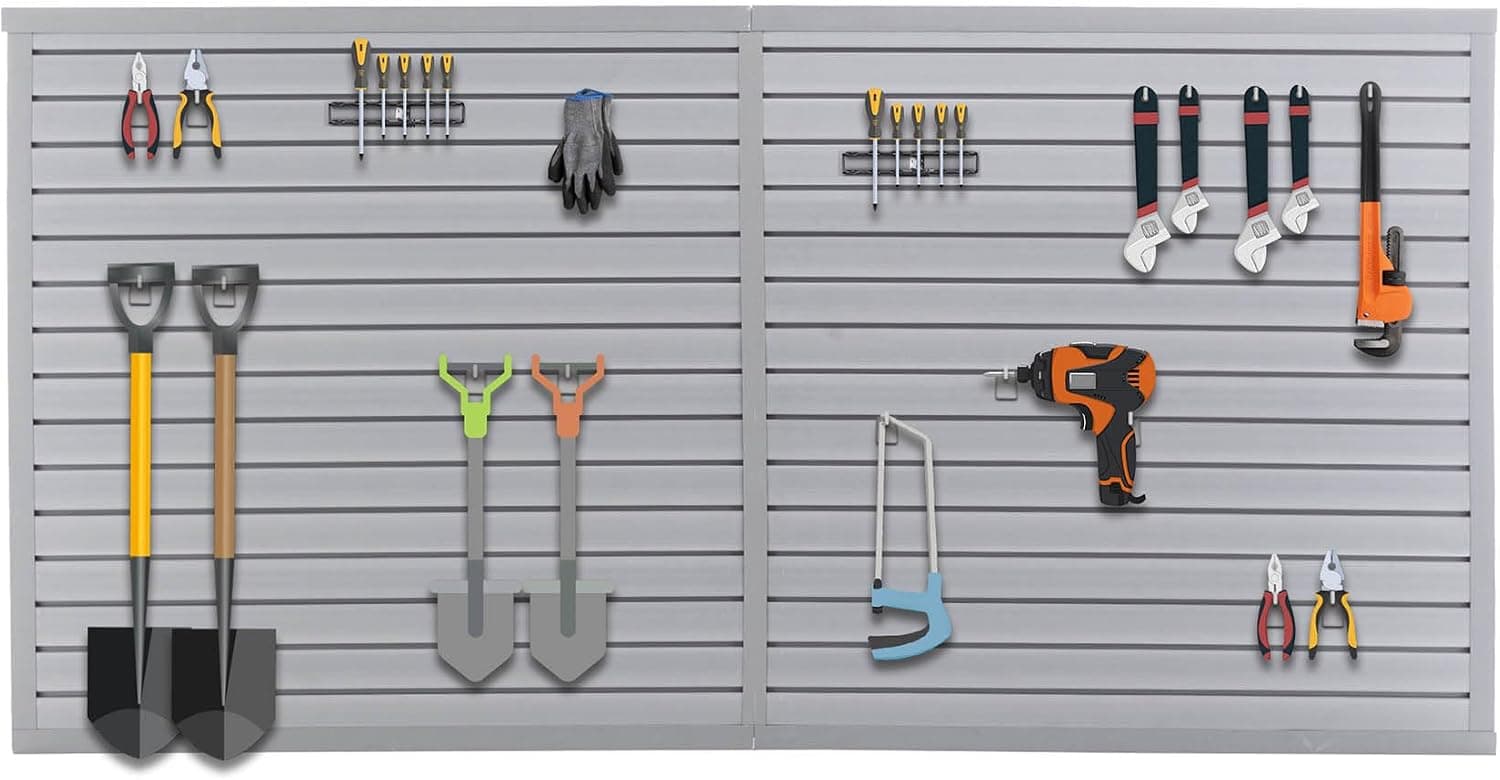 4x2 FT Slat Wall Panel Kit, PVC Garage Wall Organizer System, Interlocking Slatwall Panels, Gray