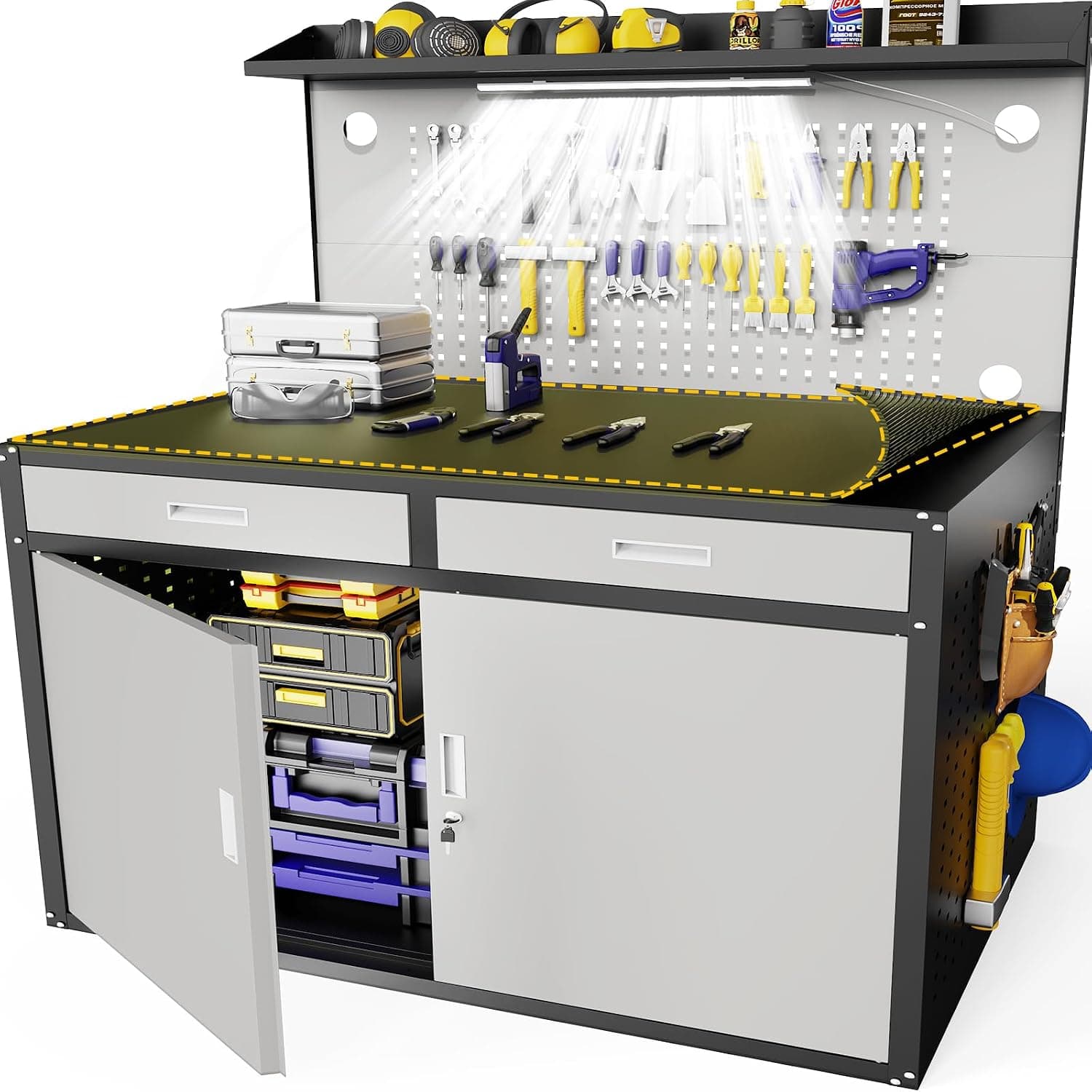Eltean 48" Work Bench, Heavy Duty 2500 LBS Capacity Workbench with Drawers and Storage, Work Table with Light & Pegboard