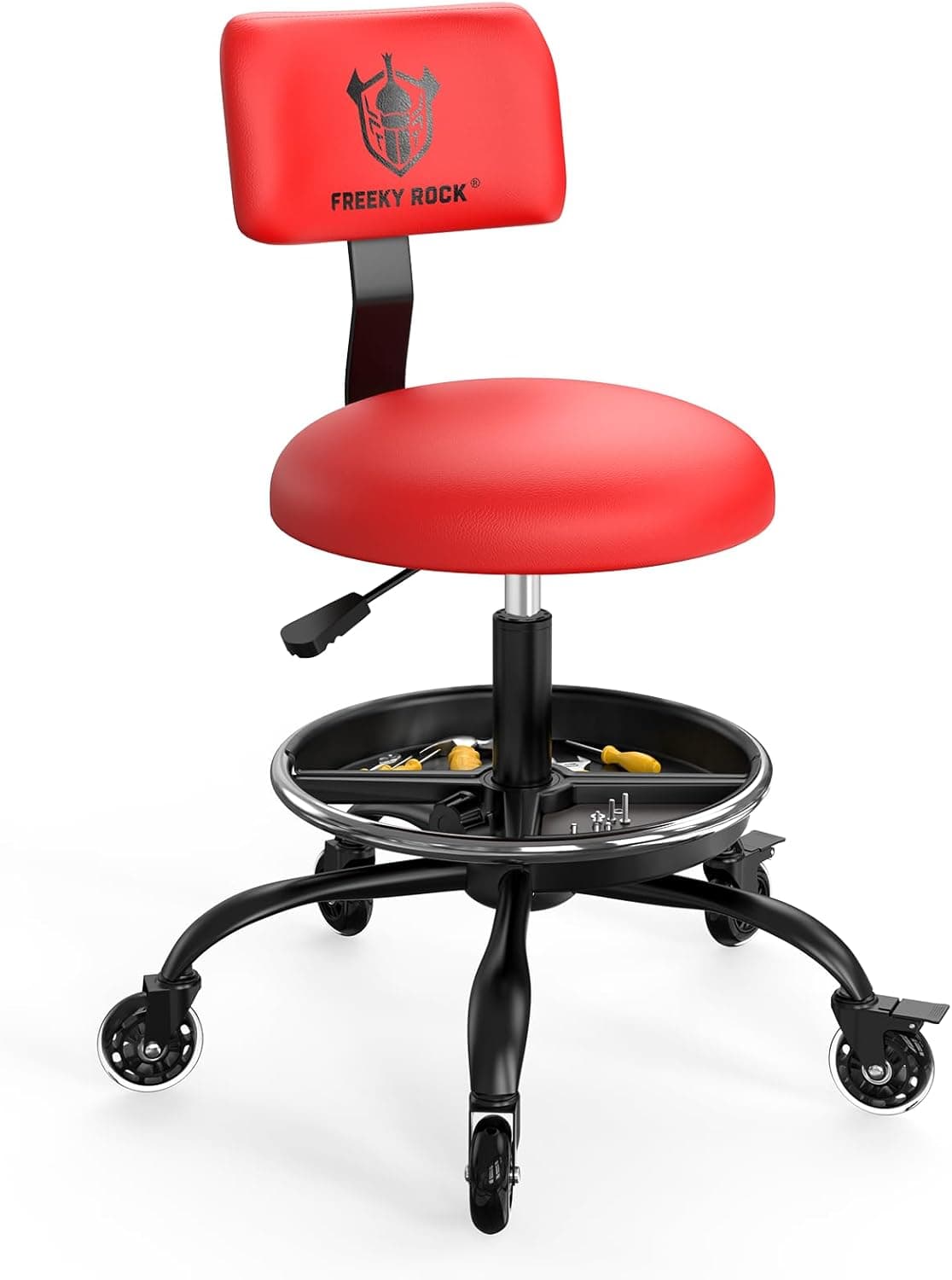Rolling Shop Stool with Wheels, Garage Mechanic Stool Chair with Backrest, Adjustable Footrest and Storage Tray (Red)