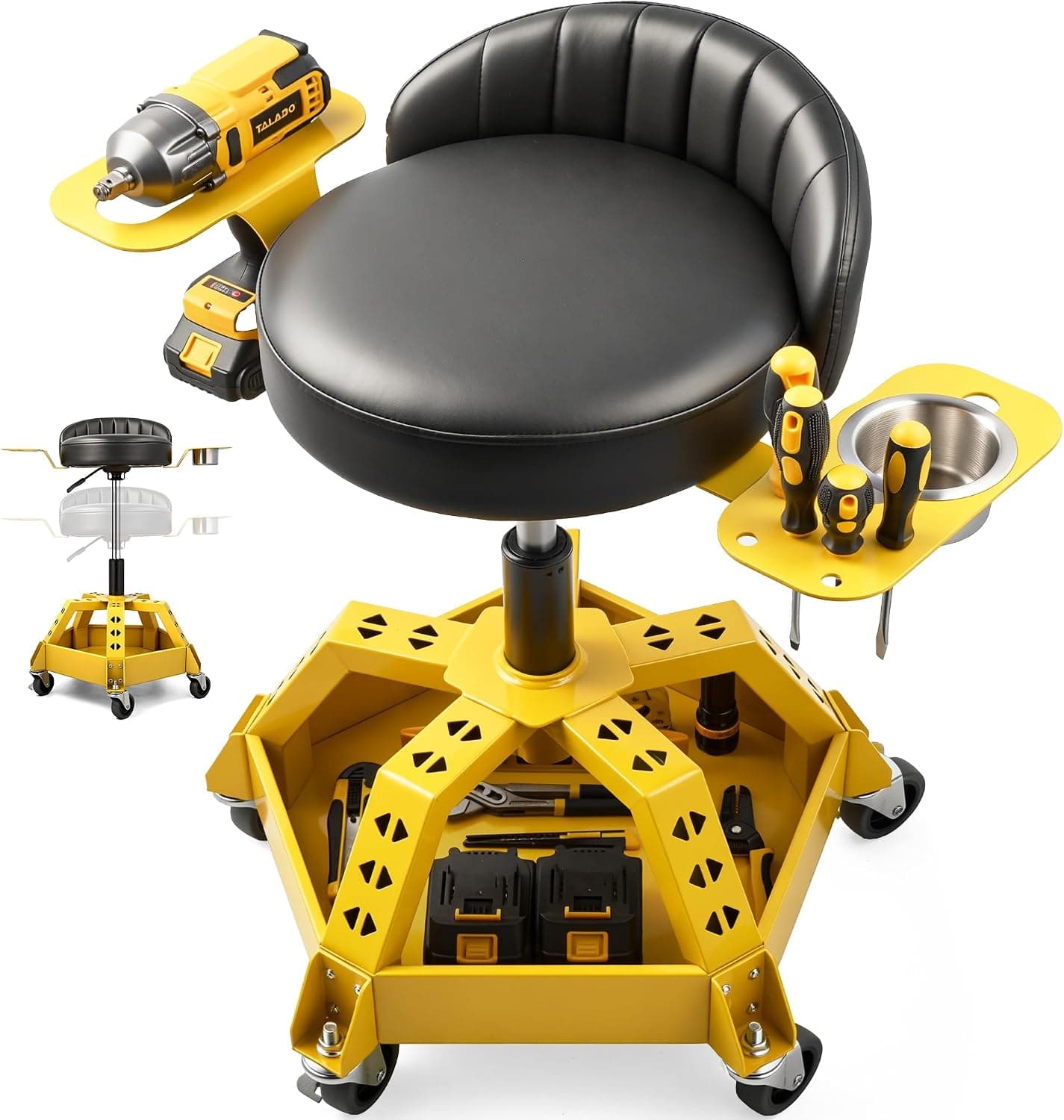 Rolling Shop Stool with Wheels for Garage, Adjustable Mechanic Seat with Backrest and Tool Tray, 330 LBS, 360 Swivel
