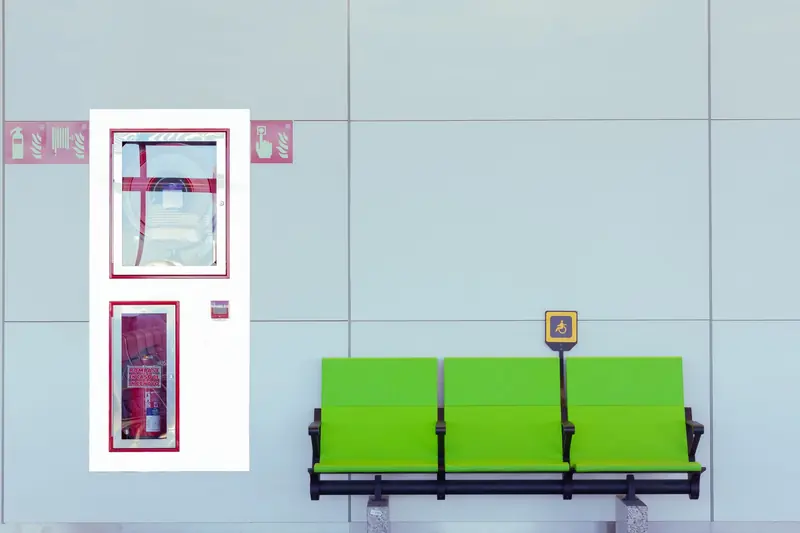 Fire extinguisher cabinet next to green handicap seating indoors