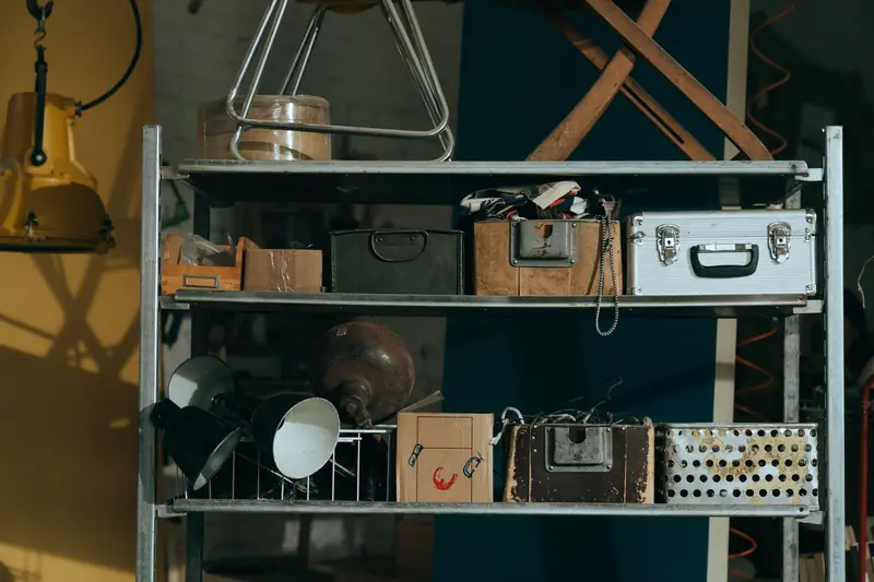 A shelf in a workshop holding vintage and retro objects, showcasing old storage boxes and tools